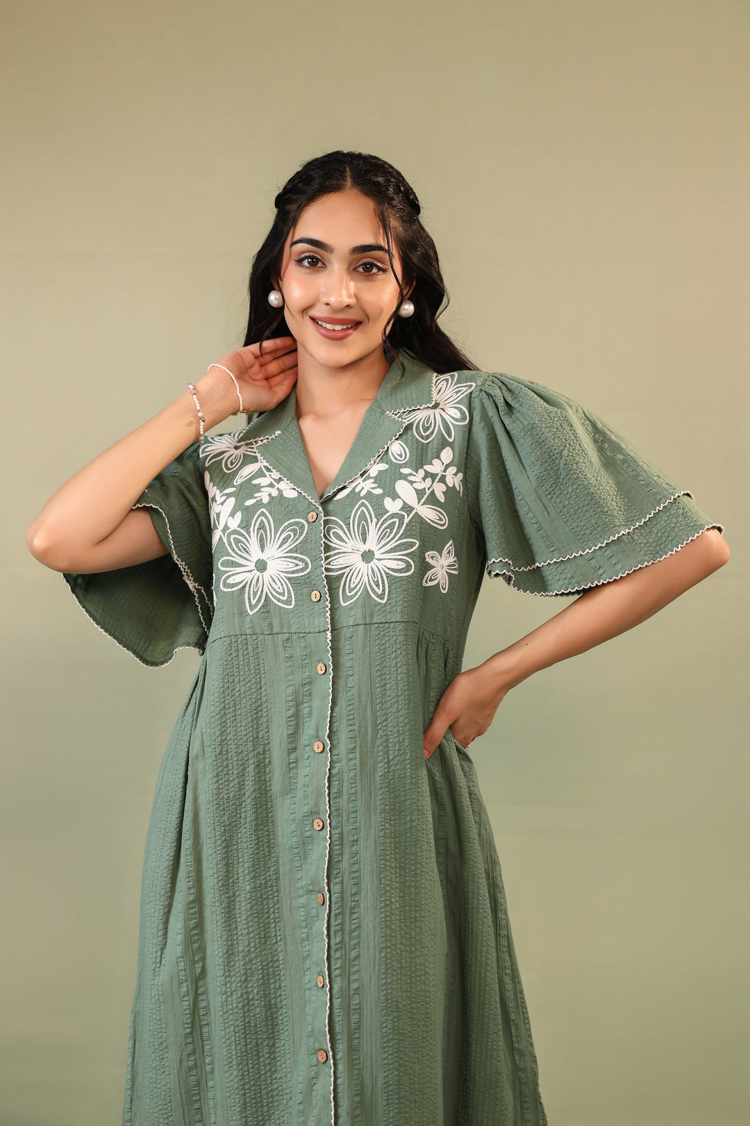 Soft Sage Embroidered Cotton Dress