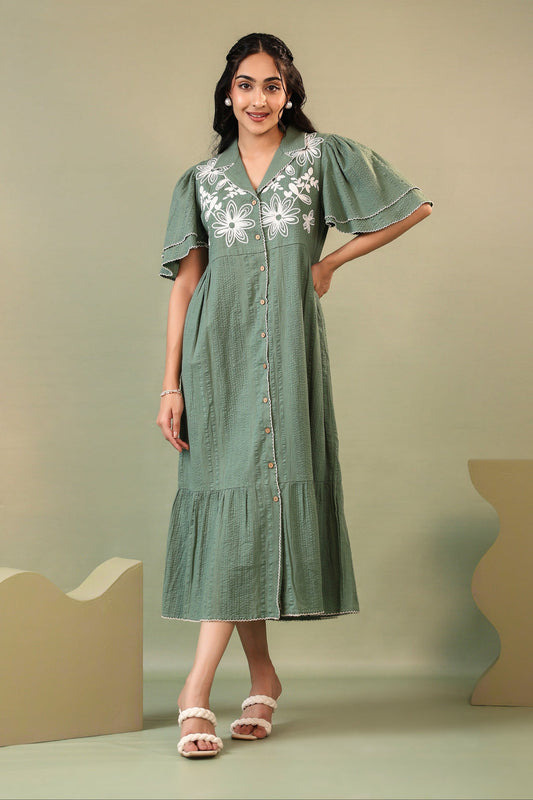 Soft Sage Embroidered Cotton Dress