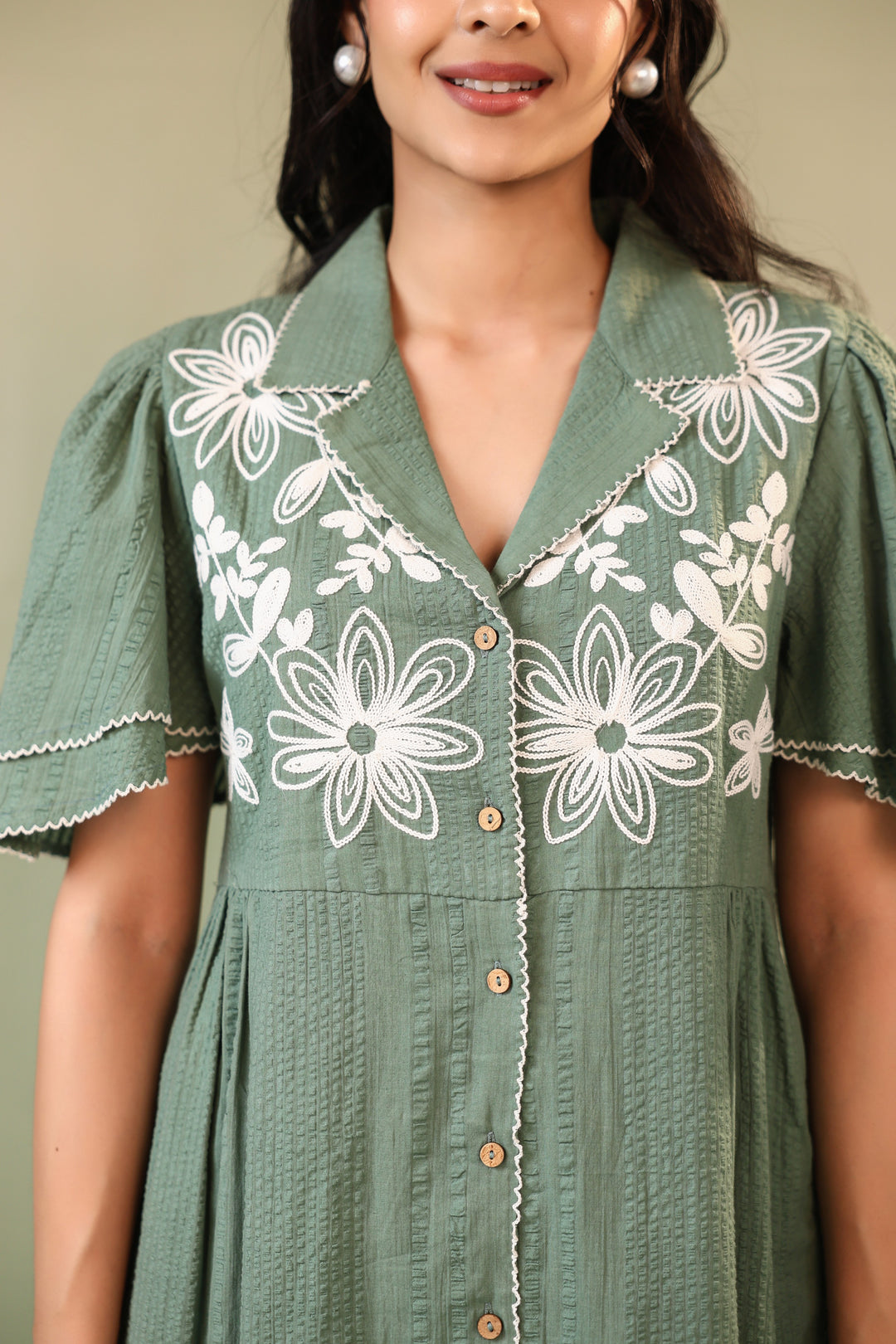 Soft Sage Embroidered Cotton Dress